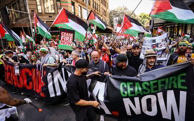 Des manifestants anti-Israël tenant des pancartes et des drapeaux alors qu'ils marchent dans le centre de Sydney, en Australie, le 6 octobre 2024. (Crédit : David Gray/AFP) Des manifestants anti-Israël tenant des pancartes et des drapeaux alors qu'ils marchent dans le centre de Sydney, en Australie, le 6 octobre 2024. (Crédit : David Gray/AFP)