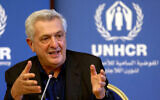 Le Haut Commissariat des Nations unies pour les réfugiés (HCR), Filippo Grandi, donne une conférence de presse, à Beyrouth, le 6 octobre 2024. (Crédit : Ibrahim Amro/AFP)