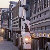 Illustration : des camions chargés d'aide humanitaire en provenance de Jordanie attendant de passer à Gaza à la frontière entre Israël et le nord de la bande de Gaza, par le passage d'Erez, le 21 octobre 2024. (Crédit : Jack Guez/AFP)