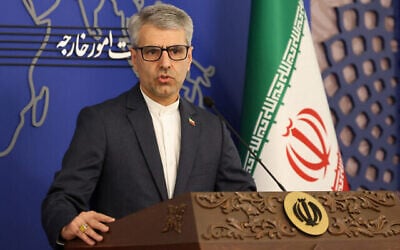 Le porte-parole du ministère iranien des Affaires étrangères, Esmaeil Baghaei, tient une conférence de presse hebdomadaire à Téhéran le 28 octobre 2024. (Crédit : ATTA KENARE / AFP)
