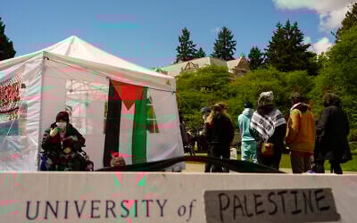 Une pancarte sur laquelle on peut lire « université de Palestine » lors d'un campement anti-Israël, sur le campus de l'université de Washington, à Seattle, le 29 avril 2024. (Crédit : Lindsey Wasson/AP)