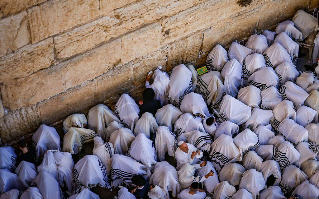 Des Juifs priant au mur Occidental, le site de prière le plus sacré du judaïsme, dans la Vieille Ville de Jérusalem, lors de la bénédiction sacerdotale de Birkat Kohanim pendant la fête juive de Souccot, le 20 octobre 2024. (Crédit : Chaïm Goldberg/Flash90)