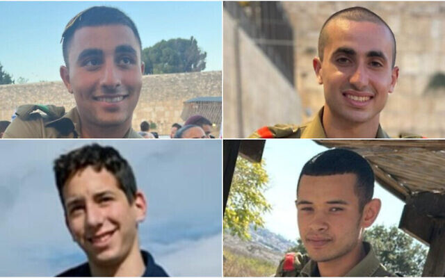 Quatre soldats de Tsahal tués lors d'une attaque de drone du Hezbollah sur une base Golani le 13 octobre 2024 : sergent Alon Amitay (en haut à gauche), Sergent Omri Tamari (en haut à droite), Sergent Yosef Hieb (en bas à droite) et Sergent Yoav Agmon (en bas à gauche). (Crédits : armée israélienne)