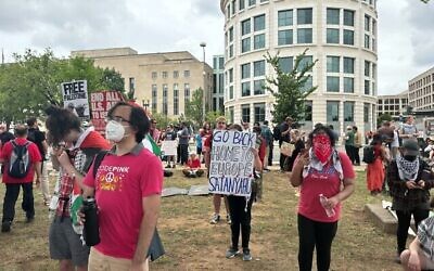 Un manifestant brandit une pancarte antisémite lors d'une manifestation anti-Israël à Washington, le 24 juillet 2024. (Crédit : Jacob Magid/Times of Israel)