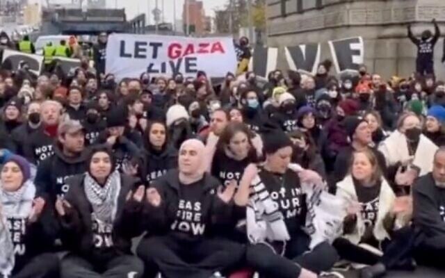 Illustration : Des manifestants d'extrême gauche ont fermé le pont de Manhattan lors d'une manifestation appelant à un cessez-le-feu à Gaza le 26 novembre 2023. (Capture d'écran/X)