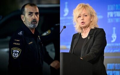 Photo composite montrant le commissaire de la police israélienne Daniel Levy et le procureur général Gali Baharav-Miara. (Crédit : Flash 90/Chaim Goldberg)