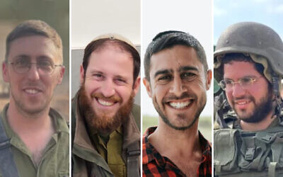 Des réservistes de Tsahal tués lors des combats dans le sud du Liban, le 26 octobre 2024 : De gauche à droite : Cpt (res.) Amit Chayut, Cpt (res.) Rabbi Avraham Yosef Goldberg, Maj (res.) Eliav Amram Abitbol, Master Sgt (res.) Gilad Elmaliach.