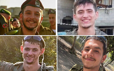 Quatre soldats tués dans le nord de la bande de Gaza le 29 octobre 2024 : En haut (de gauche à droite), le capitaine Yehonatan Joni Keren, le sergent-chef Nisim Meytal ; en bas (de gauche à droite), le sergent-chef Aviv Gilboa, le sergent-chef Naor Haimov : le sergent-chef Aviv Gilboa, le sergent-chef Naor Haimov. (Autorisation)