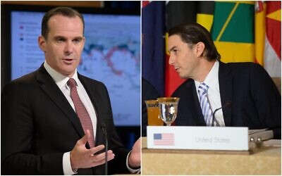 Brett McGurk, coordinateur du Conseil national de sécurité des États-Unis pour le Moyen-Orient (à gauche) et Amos Hochstein, alors envoyé du Département d'État pour l'Énergie, en 2022. (Crédit : AP)
