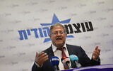 Le leader du parti Otzma Yehudit et ministre de la Sécurité nationale Itamar Ben Gvir dirige une réunion de faction à la Knesset, le 28 octobre 2024. (Crédit : Yonatan Sindel/Flash90)
