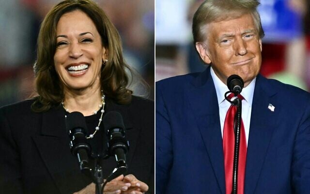 Montage - la vice-présidente des États-Unis et candidate démocrate à l'élection présidentielle Kamala Harris s'exprimant lors d'un rassemblement « Get Out the Vote » à Harrisburg, en Pennsylvanie, le 30 octobre 2024 ; et l'ancien président des États-Unis et candidat républicain à l'élection présidentielle Donald Trump s'exprimant lors d'un rassemblement de campagne au PPL Center à Allentown, en Pennsylvanie, le 29 octobre 2024. (Crédit : Angela Weiss/AFP) Montage - la vice-présidente des États-Unis et candidate démocrate à l'élection présidentielle Kamala Harris s'exprimant lors d'un rassemblement « Get Out the Vote » à Harrisburg, en Pennsylvanie, le 30 octobre 2024 ; et l'ancien président des États-Unis et candidat républicain à l'élection présidentielle Donald Trump s'exprimant lors d'un rassemblement de campagne au PPL Center à Allentown, en Pennsylvanie, le 29 octobre 2024. (Crédit : Angela Weiss/AFP)