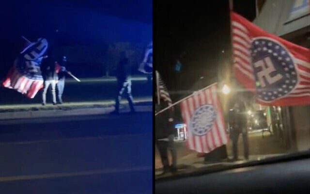 (De gauche à droite) Des manifestants ont agité des drapeaux nazis en face d'une production de théâtre communautaire du « Journal d'Anne Frank » à Howell, Michigan, le 9 novembre 2024 ; le groupe s'est ensuite déplacé vers la ville voisine de Fowlerville, Michigan. (Crédit : Captures d'écran/American Legion Howell et WLNS News/JTA ; utilisées conformément à la clause 27a de la loi sur le droit d'auteur) (De gauche à droite) Des manifestants ont agité des drapeaux nazis en face d'une production de théâtre communautaire du « Journal d'Anne Frank » à Howell, Michigan, le 9 novembre 2024 ; le groupe s'est ensuite déplacé vers la ville voisine de Fowlerville, Michigan. (Crédit : Captures d'écran/American Legion Howell et WLNS News/JTA ; utilisées conformément à la clause 27a de la loi sur le droit d'auteur)