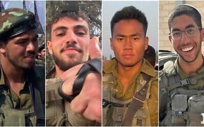 Quatre soldats tués dans le nord de la bande de Gaza le 11 novembre 2024 : (de gauche à droite) le sergent-chef Ofir Eliyahu, le sergent-chef Nave Yair Asulin, le sergent-chef Gary Lalhruaikima Zolat et le sergent-chef Orr Katz. (Crédit : armée israélienne)