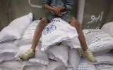 Un enfant palestinien assis sur des sacs de farine dans un centre de distribution d'aide de l'Office de secours et de travaux des Nations Unies (UNRWA), à Deir al-Balah, dans le centre de la bande de Gaza, le 3 novembre 2024. (Crédit : Eyad Baba/AFP)