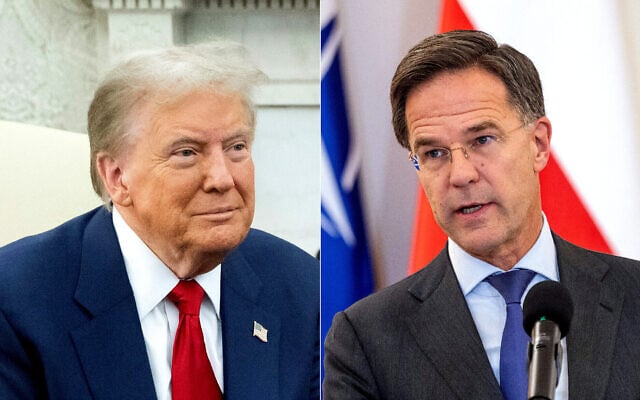 Montage photos (de gauche à droite) : Le président nouvellement élu des États-Unis, Donald Trump, le 13 novembre 2024 ; le secrétaire général de l'OTAN, Mark Rutte, le 13 novembre 2024. (Crédits : Saul Loeb ; Wojtek Radwanski/AFP)