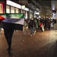 Des personnes arborant des drapeaux palestiniens, à proximité du stade de l'Ajax, à Amsterdam, aux Pays-Bas, le 7 novembre 2024. (Crédit : InterVision/AP)
