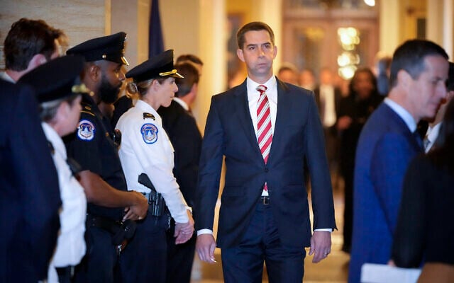 Le sénateur républicain Tom Cotton, de l’Arkansas, avant une réunion des sénateurs républicains au Capitole des Etats-Unis à Washington, le 13 novembre 2024. (Crédit : Mark Schiefelbein/AP) Le sénateur républicain Tom Cotton, de l’Arkansas, avant une réunion des sénateurs républicains au Capitole des Etats-Unis à Washington, le 13 novembre 2024. (Crédit : Mark Schiefelbein/AP)