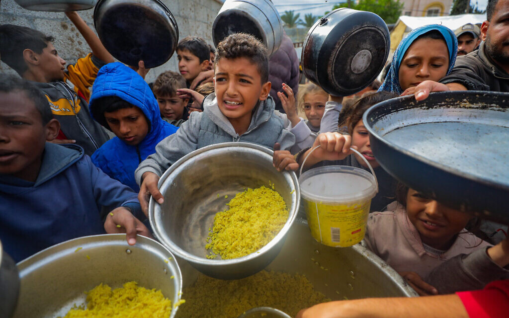 Des Palestiniens déplacés font la queue pour recevoir des repas dans le camp de Nuseirat, dans le centre de la bande de Gaza, le 25 novembre 2024. (Crédit : Ali Hassan/Flash90)