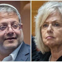 Le ministre de la Sécurité nationale Itamar Ben Gvir ; la procureure générale Gali Baharav-Miara. (Crédit : Chaïm Goldberg/Flash90 ; Oren Ben Hakoon/Pool)