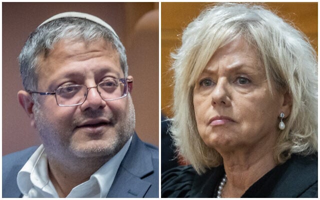 Le ministre de la Sécurité nationale Itamar Ben Gvir ; la procureure générale Gali Baharav-Miara. (Crédit : Chaïm Goldberg/Flash90 ; Oren Ben Hakoon/Pool) Le ministre de la Sécurité nationale Itamar Ben Gvir ; la procureure générale Gali Baharav-Miara. (Crédit : Chaïm Goldberg/Flash90 ; Oren Ben Hakoon/Pool)