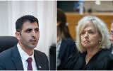 Le ministre des Communications Shlomo Karhi, à Jérusalem, le 17 juillet 2023 ; la procureure générale Gali Baharav-Miara, à la Cour suprême de Jérusalem, le 1er octobre 2024. (Crédit : Yonatan Sindel/Flash90 ; Oren Ben Hakoon/POOL)