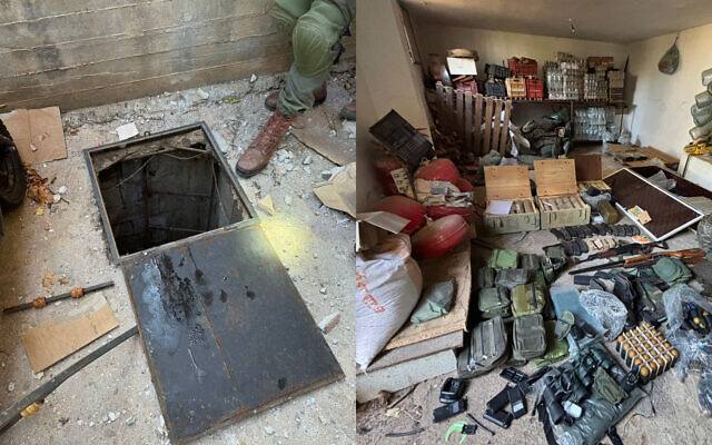 Un dépôt d'armes et un tunnel du Hezbollah découverts par les troupes, dans le sud du Liban, sur des photos diffusées le 17 novembre 2024. (Crédit : Armée israélienne)