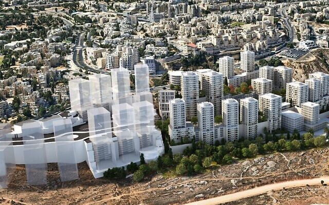 Un projet de 13 immeubles et 950 appartements récemment approuvé dans le quartier de Ramot, à Jérusalem. (Crédit : Mazor - First Architects and Planners)