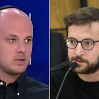 À gauche : Eli Feldstein, ancien porte-parole du cabinet du Premier ministre Benjamin Netanyahu, qui est le principal suspect dans une enquête ouverte fin octobre 2024 sur des allégations d'accès illégal et de fuite de matériel de renseignement classifié. ; Jonathan Urich, porte-parole du Likud, s'exprimant lors d'une réunion du Comité central électoral, à la Knesset, à Jérusalem, le 3 avril 2019. (Crédit : Capture d'écran Kann ; utilisée conformément à la clause 27a de la loi sur le droit d'auteur ; Yonatan Sindel/Flash90)