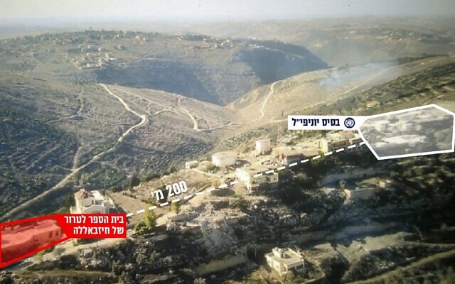 Un site d'entraînement du Hezbollah dans le sud du Liban, situé à quelque 200 mètres d'une base de la FINU, sur une photo publiée le 8 novembre 2024. (Crédit : Armée israélienne)