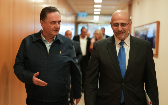 Le ministre de la Défense Israel Katz (à gauche) avec Dan Shapiro, le haut responsable du Pentagone pour le Moyen-Orient, à Tel Aviv, le 25 novembre 2024. (Crédit : Ministère de la Défense)