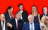Depuis la rangée du haut, de gauche à droite : Laura Loomer, Jared Kushner, Ivanka Trump, Stephen Miller. Rangée du bas : Howard Lutnick, Lee Zeldin, David Friedman, Miriam Adelson. (Collage :  Grace Yagel / JTA)