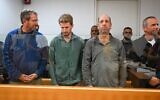 De gauche à droite : Ofer Doron, Gal Doron, Amir Sadeh et Itay Yaffe lors d'une audience, au tribunal de Haïfa, le 2 décembre 2024. (Crédit : Flash90)