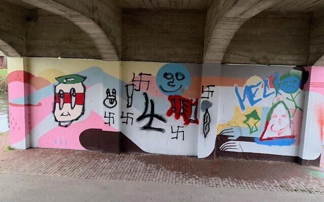La fresque de l'artiste Pedro Richardo taguée avec des croix gammées, à Abbeville (Somme), en décembre 2024. (Crédit : Pascal Demarthe / Facebook)