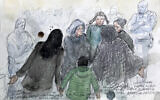 Ce croquis réalisé le 20 décembre 2024 montre la famille de Samuel Paty, sa compagne Jeanne, à gauche, et ses enfants, sa sœur Gaelle Paty, au centre,  et son fils, au centre, s'entretenant avec leur avocate Virginie Le Roy après le verdict du procès de huit adultes accusés d'avoir contribué au climat de haine qui a conduit un radical islamiste de 18 ans à décapiter l'instituteur Samuel Paty en 2020, à la cour d'assises spéciale de Paris, à Paris.  (Crédit : Benoit PEYRUCQ / AFP)