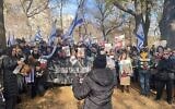 Une foule de plusieurs centaines de personnes se rassemble à Central Park à New York pour réclamer la libération des otages du Hamas, le 15 décembre 2024. (Crédit : Luke Tress/Times of Israel)