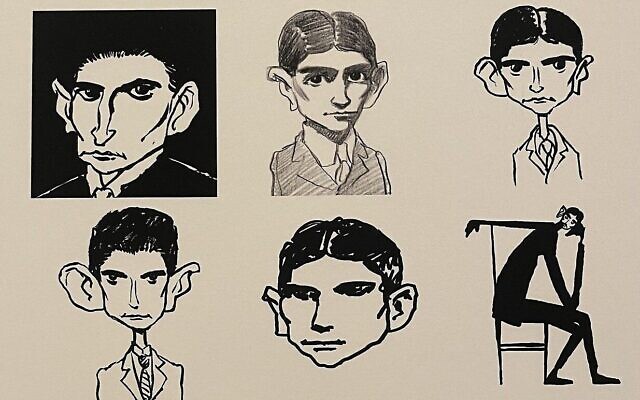 Extrait de « Un Kafka, cent fois » de l'illustrateur Michel Kichka, pour l'exposition de la Bibliothèque nationale « Kafka : Métamorphose d'un auteur », entre décembre 2024 et juin 2025. (Crédit : Jessica Steinberg/Times of Israel)