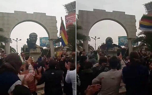 Des manifestants syriens renversant une statue de Hafez al-Assad, le père du dictateur syrien Bashar el-Assad, dans la banlieue de Damas, à Jaramana, le 7 décembre 2024. (Crédit : Capture d'écran de la vidéo X ; utilisée conformément à l'article 27a de la loi sur le droit d'auteur) Des manifestants syriens renversant une statue de Hafez al-Assad, le père du dictateur syrien Bashar el-Assad, dans la banlieue de Damas, à Jaramana, le 7 décembre 2024. (Crédit : Capture d'écran de la vidéo X ; utilisée conformément à l'article 27a de la loi sur le droit d'auteur)
