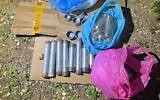 Des pièces de bombes suspectées d’être utilisées dans des attaques terroristes, à Kaboul, dans le nord d’Israël, dans une image publiée le 9 janvier 2024. (Crédit : Police israélienne)