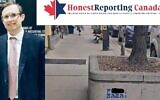 Robert Walker, directeur adjoint du groupe de veille pro-Israël Honest Reporting Canada, posant lors d'un événement le 15 juin 2023 ; en bas à droite se trouve l'un des graffitis profanes que Walker aurait laissé à Toronto le 14 novembre 2024. (Crédit : Captures d'écran d'Instagram et de X via JTA)