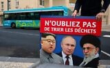 Un employé tient une affiche à l'effigie du dirigeant nord-coréen Kim Jong Un, du président russe Vladimir Poutine et du guide suprême iranien Ali Khamenei, avec un slogan en français "N'oubliez pas de trier les déchets", après l'avoir retirée d'un bus de la ville de Béziers, dans le sud de la France, le 9 janvier 2025. (Crédit : Sylvain Thomas/AFP)