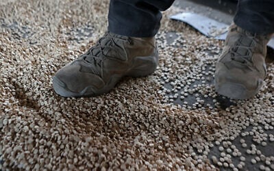 Un membre des forces de sécurité du nouveau gouvernement syrien se tenant devant des pilules de Captagon, un nom de marque du psychostimulant Fenethylline, à l'intérieur d'un entrepôt qui cachait des pilules dans des jouets d'enfants, des narguilés, des portes de maison et des isolants en plastique, lors d'un raid à Lattaquié, le 19 janvier 2025. (Crédit : Aaref Watad/AFP)