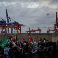 Une manifestation pro-palestinienne au port d'Istanbul, le 1er décembre 2024. (Emrah Gurel/AP)