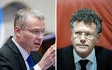 Le ministre de la Justice Yariv Levin (à gauche) assistant à une séance plénière à la Knesset, le 13 novembre 2024 ; le président par intérim de la Cour suprême, le juge Isaac Amit, à la Cour suprême, à Jérusalem, le 14 novembre 2024. (Crédit : Chaïm Goldbergl/Flash90)
