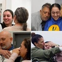 Les otages libérées retrouvent leurs parents après avoir été relâchées par le Hamas : en haut, de gauche à droite, Karina Ariev, Liri Albag ; en bas, de gauche à droite, Naama Levy, Daniella Gilboa, le 25 janvier 2025. (Crédit : Armée israélienne)
