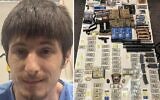 Matthew Scouras (à gauche) et (à droite) les armes et l'argent liquide découverts par la police de Beverly lors de la perquisition de son domicile. (Avec l'aimable autorisation du service de police de Beverly)