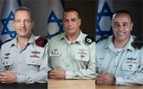 De gauche à droite : Portraits officiels du général de division Amir Baram, du général de division (Rés.) Eyal Zamir et du général de division Tamir Yadaï.  (Crédit : Armée israélienne)