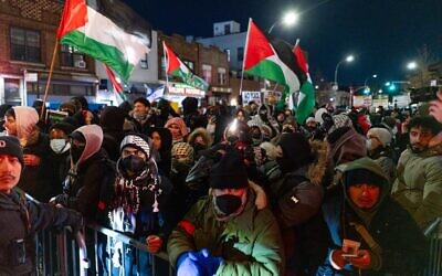 Manifestants anti-israéliens à Boro Park, Brooklyn, le 18 février 2025. (Crédit : Luke Tress/Times of Israel)