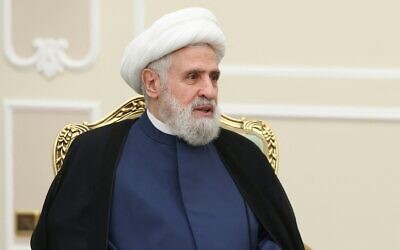 Le chef adjoint du Hezbollah libanais, Naim Qassem, lors d'une rencontre avec le nouveau président iranien à Téhéran le 29 juillet 2024. (Crédit : Présidence iranienne / AFP).