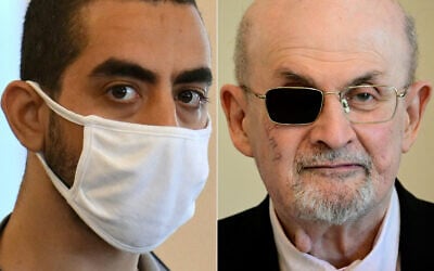 Cette combinaison d'images créée le 11 février 2025 montre (de gauche à droite) Hadi Matar, l'homme accusé de la tentative de meurtre de l'auteur Salman Rushdie, au tribunal pour une audience de procédure au Chautauqua County Courthouse à Mayville, New York, le 18 août 2022, et le romancier indien-britannique Salman Rushdie à Berlin, le 16 mai 2024. L'auteur des « Versets sataniques », Salman Rushdie, a témoigné le 11 février 2025 au procès de l'homme accusé d'avoir tenté de le tuer, décrivant les événements qui ont conduit à l'attaque. Rushdie, qui portait des lunettes polarisées sur un seul verre pour masquer la blessure qui l'a rendu aveugle d'un œil, a prêté serment et a commencé à décrire le jour de 2022 où il a été attaqué. (Photo de ANGELA WEISS et Tobias SCHWARZ / AFP)
