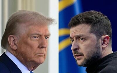(Montage) Le président américain Donald Trump (à gauche) le 24 février 2025 et le président ukrainien Volodymyr Zelensky (à droite) le 23 février 2025.  (Crédits :Jim WATSON et Tetiana DZHAFAROVA / AFP)